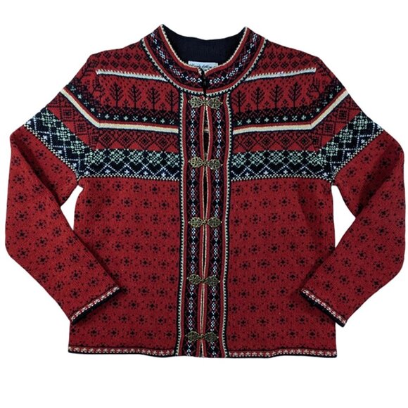 Telluride Clothing Cardigan Womens Medium Wool Red Fair Isle Nordic Cottagecore - Picture 1 of 11